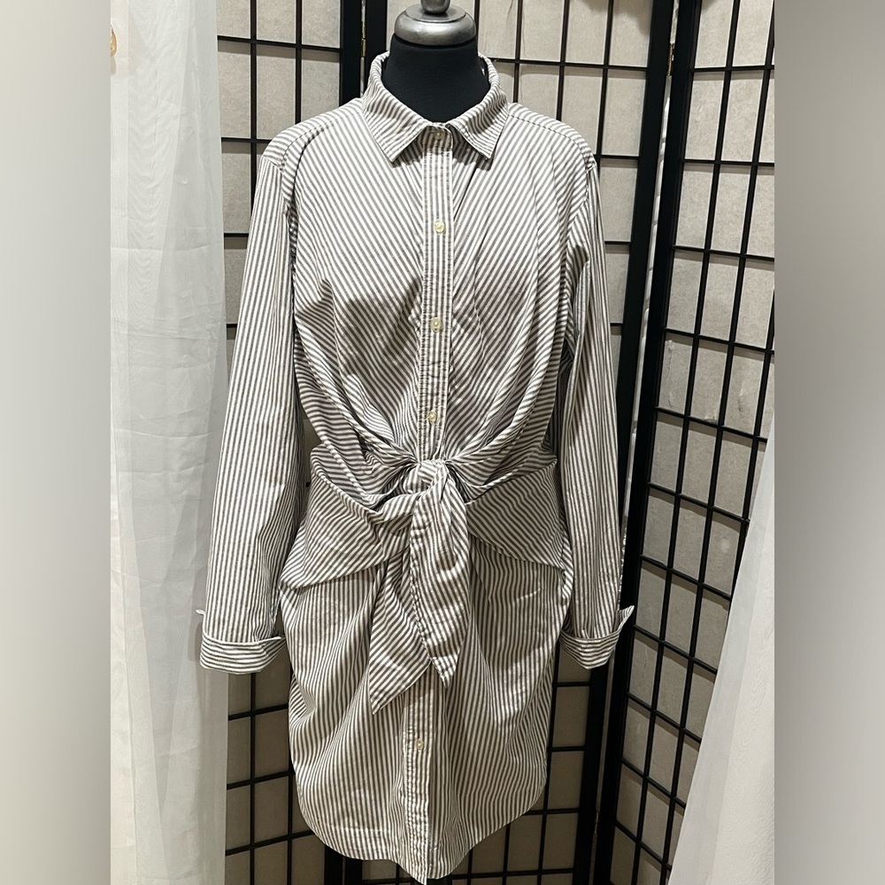 Norma Kamali GRAY Striped TWIST FRONT SHIRT DRESS WOMEN SIZE XL - Picture 4 of 11